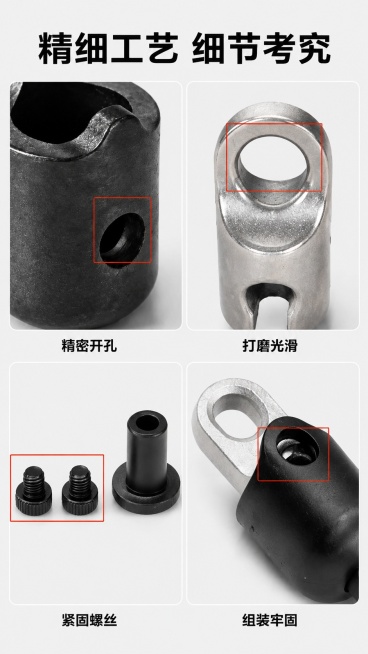 [第7屏] 细节展示-钢丝绳端子连接件关键部位微距细节页。
[氛围/风格] 微距特写风格，突出工艺细节，展现品质做工。
[元素布局] 2×2宫格布局，分别展示：外壳开孔细节【图2】、连接头环加工细节【预览效果