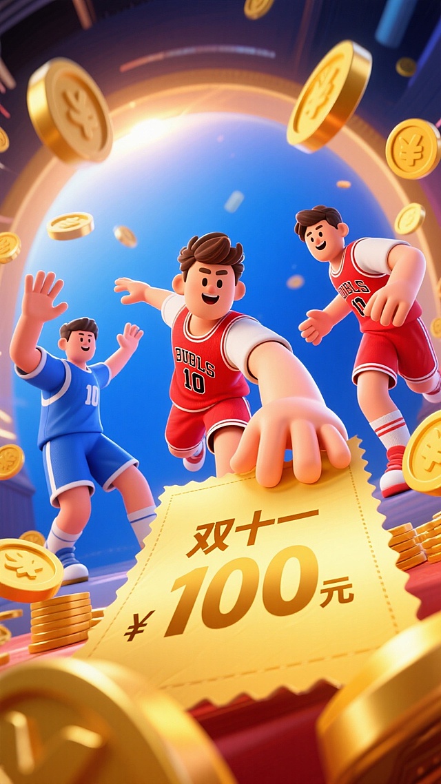 强烈鱼眼镜头畸变，视觉冲击力强，大幅度夸张动作，比例夸张。画面前景中，一张写着“双十一100元”的金色的劵（因为角度的原因，劵看起来很大）被一名身穿红色球服的年轻男子伸到前面抢到，左边2个穿着蓝色球服的年轻男子和右边1个红色球服的年轻男子都伸出手抢夺。画面围绕着金币。