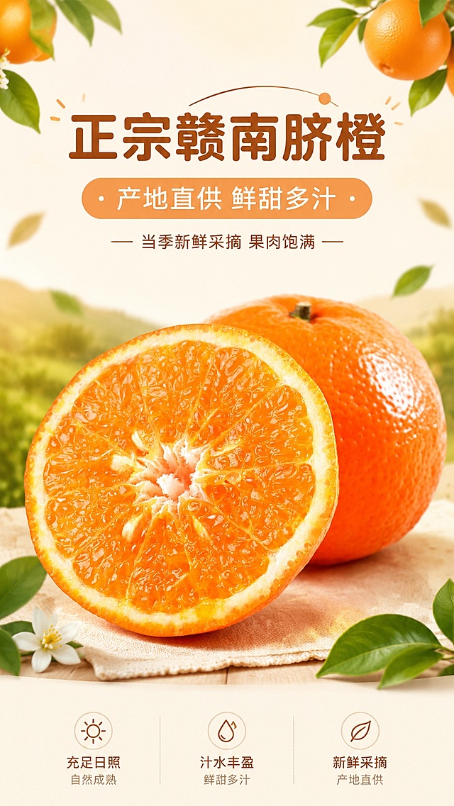[第1屏] 详情页头图-赣南脐橙生鲜水果宣传海报。本屏使用【图1】作为商品主体，展示整果和切开的一半脐橙。
[氛围/风格] 清新自然鲜果风，田园浅橙背景，食欲感商业摄影质感，突出橙子新鲜多汁。
[元素布局] 赣南脐橙主体位于画面中下区域，占比约70%；顶部预留主标题区域，背景点缀橙叶和果枝装饰；保持产品原有外形、颜色和果肉纹理特征不变，果皮鲜亮橙红。
[光影质感] 顶部柔和自然光，底部自然投影，果皮和果肉保留清晰水润高光，整体明亮通透，突出新鲜度。
[配色色系] 全局底色 #FDF6E9，主色橙红果肉色，辅助色浅绿叶色、浅棕标题色。
[视角构图] 正面平视，产品为绝对视觉中心，阅读动线从上到下：顶部标题 → 中部产品 → 底部装饰信息。
[文字版式] 版式为顶标题 + 中产品 + 底装饰。主标题「正宗赣南脐橙」，副标题「产地直供 鲜甜多汁」，圆角黑体，居中对齐；标题下方小字「当季新鲜采摘 果肉饱满」，文字不遮挡主体产品。
[比例分辨率] 9:16竖版比例，4K分辨率，文字清晰可辨，高清画质。
[负向提示词] 产品变形，颜色偏差，果肉纹理错乱，水印，文字过小，背景杂乱，模糊