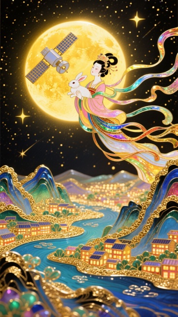 背景为奇幻金色发光的星空，中间为发光的满月和人造卫星，嫦娥抱着玉兔飞天，衣带飘逸，下部为万家灯火和山川河流，色彩以暖黄为主，珐琅风格。预览效果