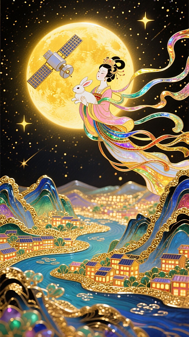背景为奇幻金色发光的星空，中间为发光的满月和人造卫星，嫦娥抱着玉兔飞天，衣带飘逸，下部为万家灯火和山川河流，色彩以暖黄为主，珐琅风格。