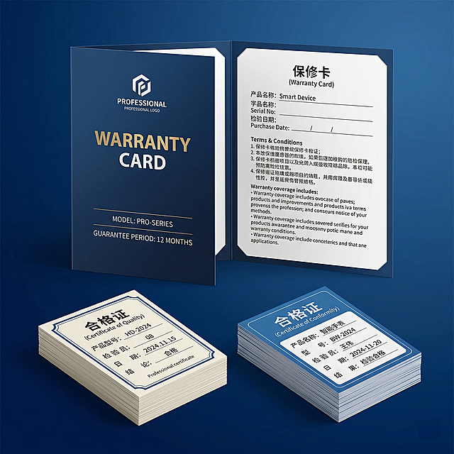 生成对折款保修卡产品展示主图，参考图格局展示打开状态的对折保修卡和两叠成品合格证，深蓝色渐变背景，打开的对折卡展示封面和内页保修内容，下方放置两叠不同设计的成品合格证，整体排版主次分明，打开的对折卡占据画面上方主要位置，下方成品放在左右两侧，清晰展示产品样式，光线均匀柔和，背景铺满全屏，文字信息不遮挡主体，配色专业商务