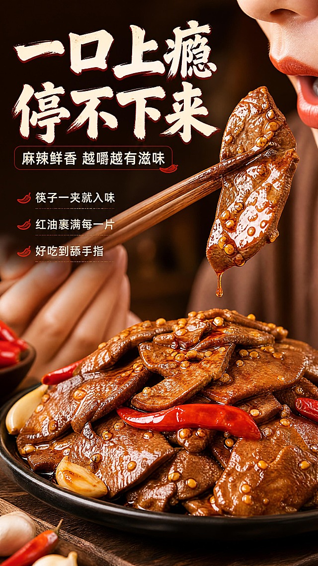 [商品] 使用【图1】麻辣卤猪肝；保留猪肝切片形态、深棕红油色泽、辣椒籽颗粒、油亮光泽和真实肉质纹理；筷子夹起的猪肝片形态自然。
[画面] 目标：手部食用动作，增强代入感与食欲。构图：动作瞬间型，画面中央偏右一只手用筷子夹起一片卤猪肝，正送向嘴边（不露出全脸，仅下巴和嘴部区域），猪肝片上挂着红油欲滴；下方盘子里堆满卤猪肝，旁边有红辣椒、蒜瓣点缀；左侧留白放文字。景别为中近景，突出手部动作和食物。前中后景三层：前景盘子里的猪肝、中景筷子夹起的猪肝+手部、后景虚化餐桌背景。
[视觉] 套系策略：风格=中式美食商业摄影，重食欲烟火气；标题字=粗黑体带轻微毛笔质感，厚重有力；正文字=简洁无衬线黑体；主色=深棕红+油亮琥珀色；背景延展=基于深棕红做深浅层级，深色石板/木质纹理背景，同色系渐变；强调色=辣椒红，仅用于小面积图标、引线、标签和重点高亮；标题色=米白+红油渐变描边；正文色=暖米白；组件=圆角深色半透明信息卡、细线引线、辣椒图标；光影=左前侧暖光，突出油亮高光和肉质层次。
[文字] 左侧主标题「一口上瘾 停不下来」，副标题「麻辣鲜香 越嚼越有滋味」；下方3个短句：筷子一夹就入味、红油裹满每一片、好吃到舔手指。文字区在左侧竖排分布，不遮挡手部动作主体。
[规格] 淘宝/天猫详情页单屏9:16竖版，4K分辨率，负向提示：避免变形、错字、文字过小、冷蓝背景、猪肝颜色改变、手部不自然、绝对化用语、川味字样。