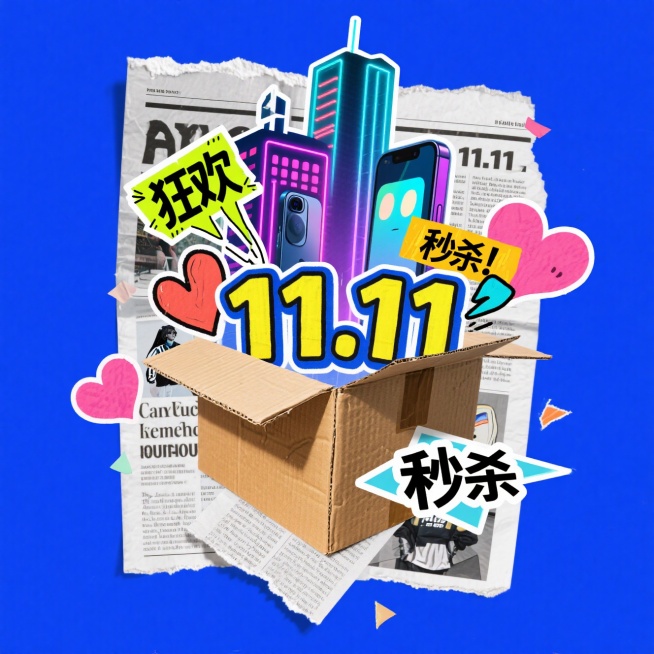 炸开的快递箱、闪烁的 “11.11” 符号、悬浮的潮牌服饰 / 数码产品、动态倒计时数字、街头涂鸦字体 “狂欢”“秒杀”，叠加故障风纹理、几何色块切割、复古胶卷边框。背景是流光溢彩的城市夜景，点缀荧光预览效果