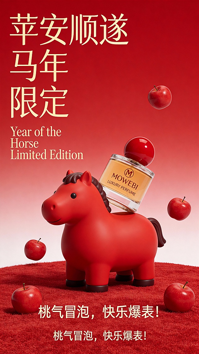 商业摄影，极简主义电商海报。画面中心是参考图中的香水靠在磨砂卡通胖胖可爱的四脚着地的红色小马雕塑的马背上。背景是红色渐变，下方为红色绒面地毯，周围漂浮着红色的苹果。左边大号优雅金色纤细字体"苹安顺遂 马年 限定"，现代无衬线黑体，字体有起伏的节奏；下方搭配小号优雅衬线体"Year of the Horse Limited Edition"。底部居中有一行优雅活泼小字：“桃气冒泡，快乐爆表！”。整体排版呈现杂志风格，留白透气，文字颜色为淡金色，层级分明，具有高级平面设计感。高质量，柔和的演播室灯光，3D渲染，细腻的材质，节日氛围。