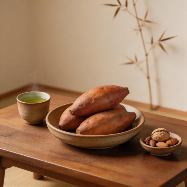 蒸熟的 whole 地瓜摆放在粗陶餐具里，放在日式禅意茶桌，搭配清茶和干果，极简美食静物摄影，暖调柔光，高清无文字预览效果