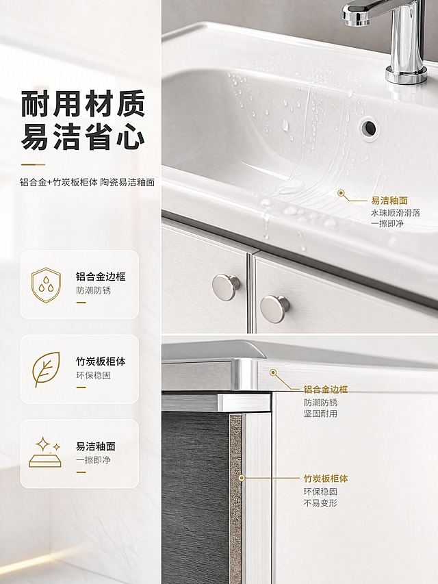 [商品] 使用【图1】惠达卫浴浴室柜HFL0611-8156D；保留镜柜+主柜双开门+陶瓷一体盆结构，保留白色柜体、灰色镜面、银色五金颜色与材质，保留HUIDA Logo；商品处理：增强铝合金柜体金属质感、竹炭板柜体纹理细节与陶瓷釉面光洁度，不改变结构比例。
[画面] 目标：材质工艺解析，突出铝合金+竹炭板柜体与易洁釉面两大核心材质；左文右景版式，左侧约1/3文案区，右侧约2/3为产品局部特写组合——上半为陶瓷盆釉面水珠滑落特写（体现易洁），下半为柜体侧板铝合金边框+竹炭板剖面质感特写；产品占画面约65%；阅读动线从左到右、从上到下。
[视觉] 套系策略：风格=现代简约高级卫浴商业摄影；标题字=无衬线粗黑体；正文字=简洁无衬线体；主色=纯净白+浅灰；背景延展=基于白灰做深浅层级、同色渐变与哑光瓷砖/石材质感；强调色=暖金色，仅用于小面积图标、引线和标签；标题色=深炭灰；正文色=中暖灰；组件=圆角浅底信息卡、细线引线、胶囊卖点框；光影=左前侧暖柔光+局部特写补光突出材质纹理。
[文字] 左侧主标题「耐用材质 易洁省心」（8字），副标题「铝合金+竹炭板柜体 陶瓷易洁釉面」（14字），下方3个信息点带图标：①铝合金边框 防潮防锈 ②竹炭板柜体 环保稳固 ③易洁釉面 一擦即净；文字不遮挡产品关键材质展示区。
[规格] 图片比例3:4竖版，分辨率4K，quality=medium；避免变形、错字、文字过小、冷蓝/蓝灰背景、产品颜色改变、结构失真、极限词。