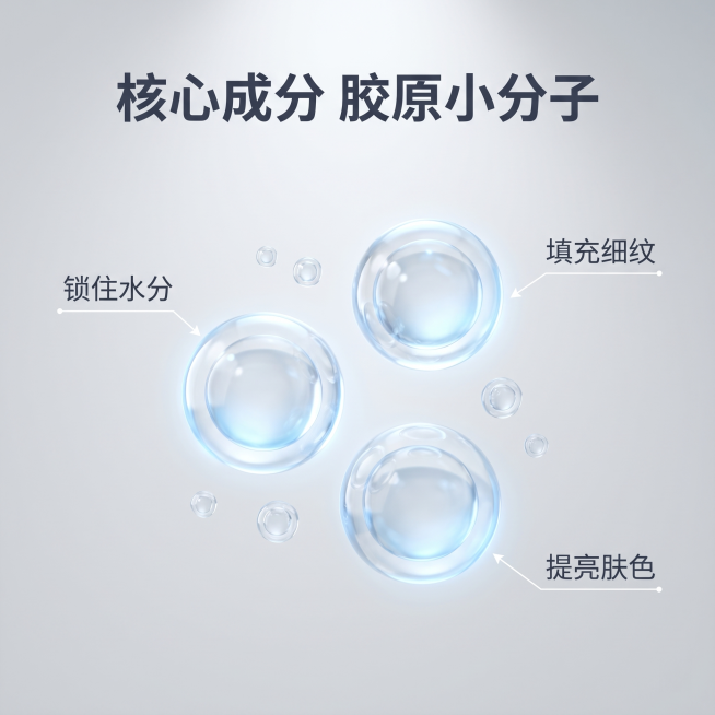 [主图 2] 胶原蛋白分子核心成分解析图。
[氛围风格] 纯净科技感，专业科研医美风，通透亮调；
[画质] 超写实C4D渲染，Octane物理级渲染，商业高精度质感。
[元素] 画面中心悬浮三个大小错预览效果