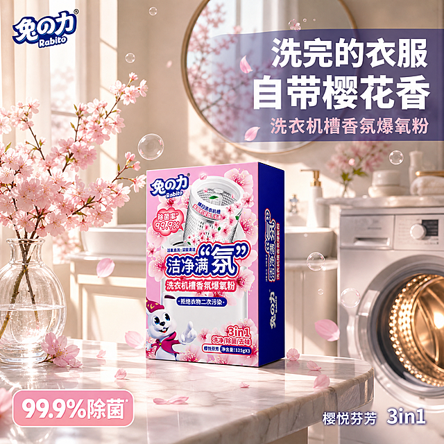 [主图-1] 兔之力洗衣机槽香氛爆氧粉 樱花浴室氛围感首图
[氛围风格] 治愈系樱花浴室场景 柔和自然光 高级洁净生活感 抖音沉浸式首图
[画质] 商业摄影质感 电影级柔光 画面干净高级 产品清晰真实 超高清
[元素] 产品包装盒放置在大理石洗手台左侧 45度斜侧视角 完整展示正面与右侧面 产品外观结构颜色材质与输入图完全一致 杜绝变形色差 精细化处理 商品主体占比约45%。洗手台上散落几朵新鲜樱花 旁边有透明玻璃花瓶插着樱花枝 后方是白色浴室柜与圆形镜子 镜子里反射出柔和的樱花光影。右侧有一台白色滚筒洗衣机的局部 门半开 内部有柔和的光。前景有漂浮的樱花花瓣与细小的活氧气泡 增加空气感。左上角放置从产品提取的兔之力Rabito品牌Logo。整体是清晨阳光洒入的浴室场景 温暖治愈 洁净有生活仪式感。
[光影] 左侧窗光为主光 暖金色柔光透过纱帘 产品正面受光柔和 大理石台面有自然反光 樱花有通透花瓣光 整体氛围温暖治愈 光比柔和 暗部有层次
[配色] 主色奶白+暖粉 辅色浅大理石灰 强调色深蓝紫+樱花粉 整体低饱和高级感
[视角构图] 平视微侧 产品为视觉中心 前中后景分层丰富 景深中等偏浅 背景柔化
[文字版式] 右上负空间右对齐 主标题大字"洗完的衣服 自带樱花香" 白色粗体无衬线最大号 配半透明深蓝紫底条 副标题"洗衣机槽香氛爆氧粉" 浅粉色中号。底部左侧小卡"99.9%除菌" 白字粉底圆角卡。右下角小字"樱悦芬芳 3in1"
[输出要求] 1:1比例 文字清晰锐利 超高清商业摄影质感
[负向提示词] 变形 文字错乱 产品图模糊 背景杂乱 水印 电商平台Logo 多余的手 畸形手