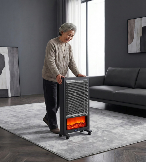 将暖风机放在深灰色系客厅中，背景简洁大气，有一位中国老太太推着暖风机在走，地毯是浅灰色的绒面质感，画面质感高级，写实风格预览效果