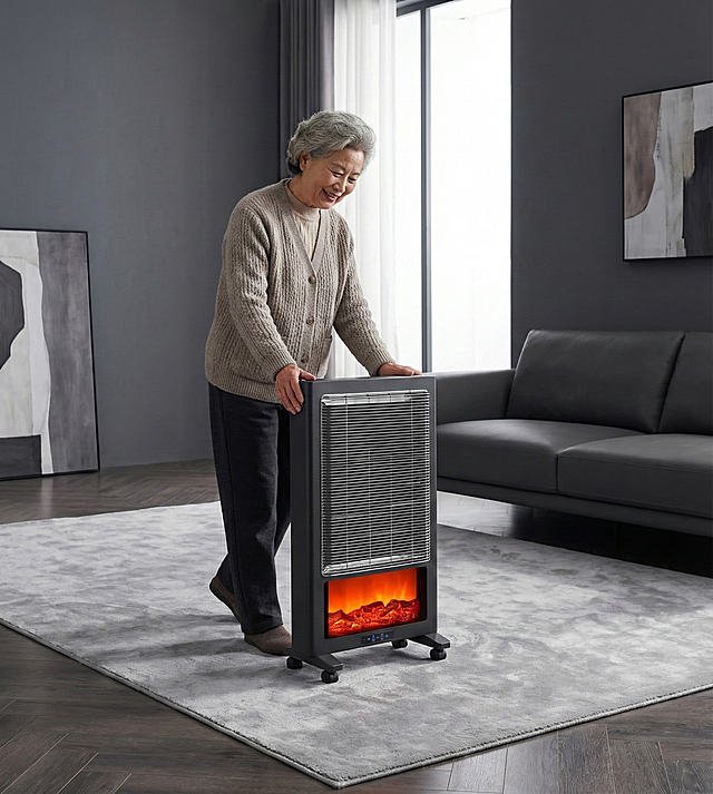 将暖风机放在深灰色系客厅中，背景简洁大气，有一位中国老太太推着暖风机在走，地毯是浅灰色的绒面质感，画面质感高级，写实风格