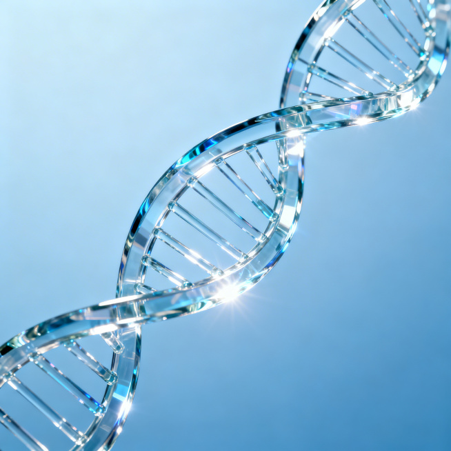 玻璃质感的干净蓝色DNA双螺旋结构，透明质感，简约干净的背景，科技感，光线通透，细节清晰预览效果