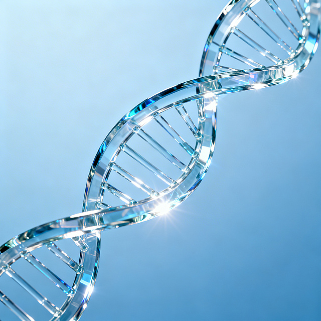 玻璃质感的干净蓝色DNA双螺旋结构，透明质感，简约干净的背景，科技感，光线通透，细节清晰