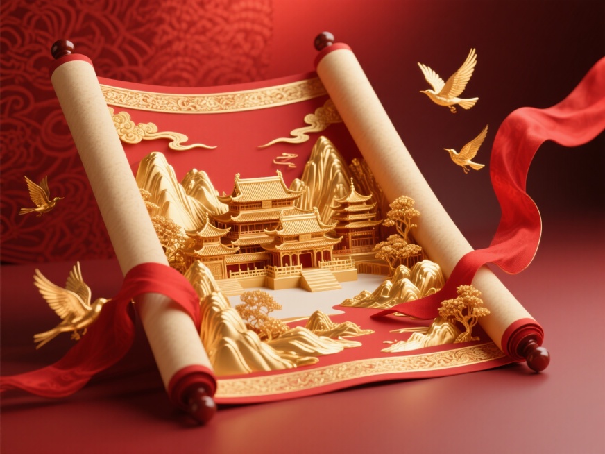 红色金色为主色调，立体写实风格，画面主体是华丽精致的立体卷轴展开的效果，卷轴内有金色的古建筑群、金色的山水景观，搭配红色飘带、金色飞鸟环绕，红色暗纹渐变背景，光影细腻，细节丰富，质感高级预览效果