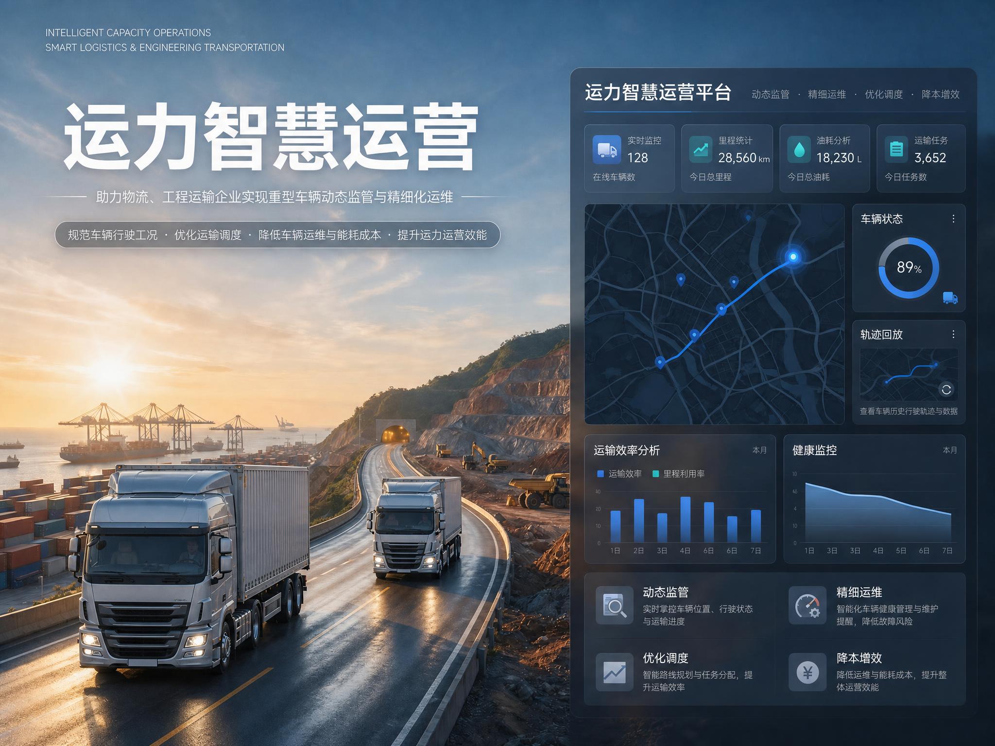 将图中道路上的两辆厢式货车替换为重型物流卡车，车头为等距正视图… - 图片创意预览