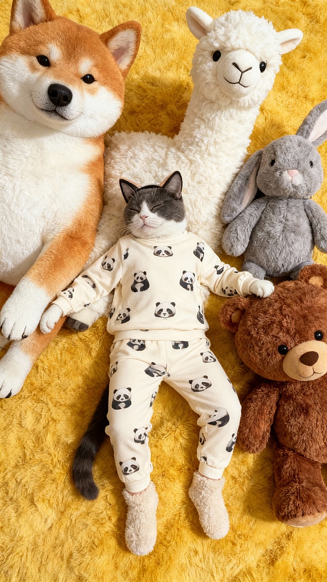 俯视视角，全景构图。画面主视觉是身着米白色带小熊猫图案家居服（长袖、长裤、绒袜）、佩戴猫耳发箍的猫，姿态舒展，眯眼躺在四只巨型毛绒动物身上（橘白柴犬、白色羊驼、灰色兔子、棕色熊，均为圆润萌系造型，毛绒玩具质感蓬松细腻）。背景是大面积暖黄色毛绒材质，毛绒纹理和服装细节写实。