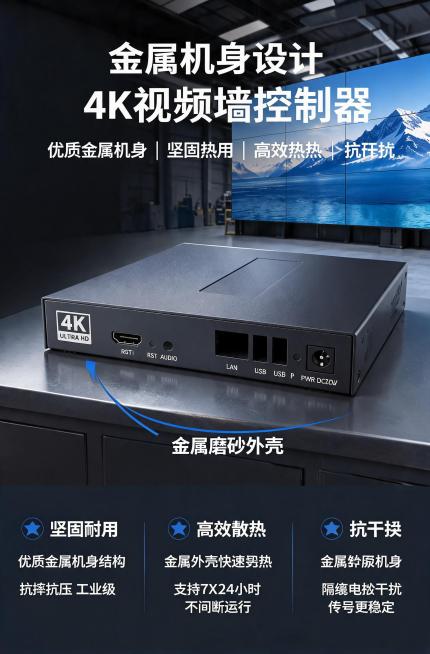 电商详情页第三张，突出金属机身设计卖点，展示机身接口布局，强调优质金属外壳坚固耐用、高效散热抗干扰，商务科技风预览效果