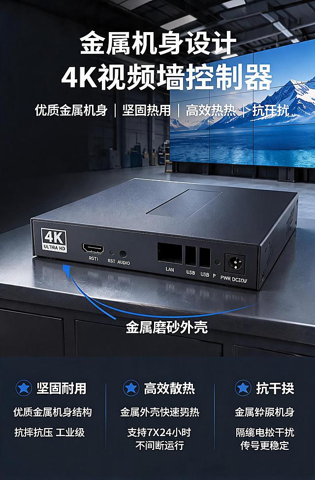 电商详情页第三张，突出金属机身设计卖点，展示机身接口布局，强调优质金属外壳坚固耐用、高效散热抗干扰，商务科技风