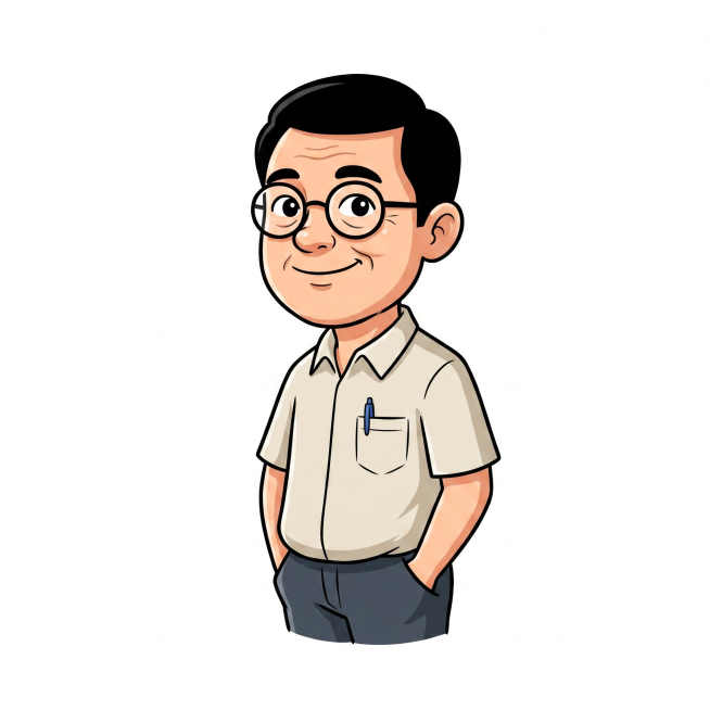 参考提供图片中的卡通插画设计风格，生成一位42岁的中年男老师，黑色短发，穿短袖衬衫，双手插兜，轻松微笑，纯白色背景，年龄在35-50之间预览效果
