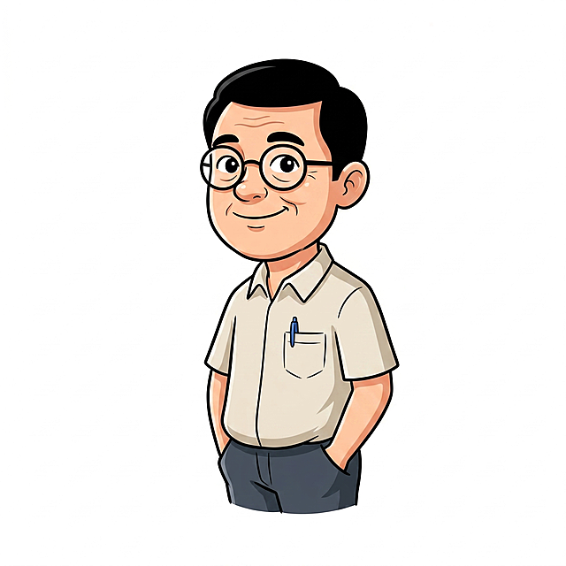 参考提供图片中的卡通插画设计风格，生成一位42岁的中年男老师，黑色短发，穿短袖衬衫，双手插兜，轻松微笑，纯白色背景，年龄在35-50之间