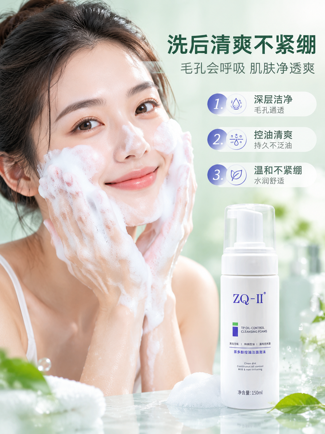 [商品] 使用【图1】ZQ-II茶多酚控油洁面泡沫产品；保留白… - 图片创意预览