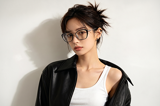 将第二张图片中的黑框眼镜给图中女生戴上，保持照片原有风格、光线和人物细节不变