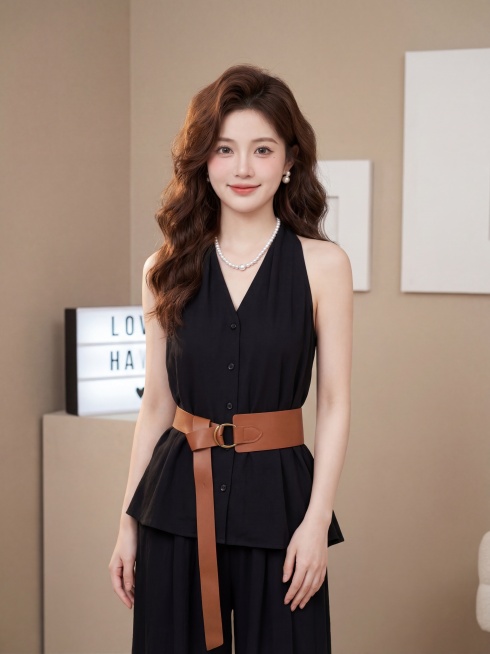 参考图中的服装，生成4K超高清商业带货图文，25岁年轻东亚甜妹，精致五官小鹿眼自然腮红，温柔微笑，棕色大波浪卷发，珍珠项链耳饰，皮肤白皙通透，小姐姐半身穿着图中的黑色挂脖V领上衣搭配黑色阔腿裤，配棕色预览效果