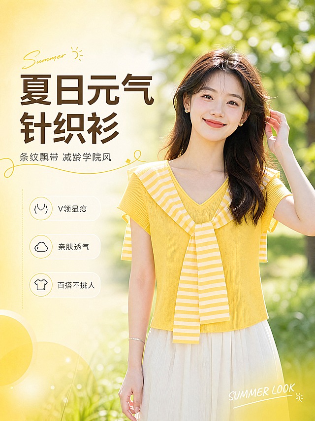 [商品] 使用【图1】黄色V领条纹飘带短袖针织上衣；商品处理：保留V领、条纹飘带蝴蝶结、小飞袖设计、针织面料、明黄色主色、白黄条纹配色和版型结构；自然理顺衣身垂坠，增强针织纹理细腻度与条纹清晰度，不改变版型和颜色。

[画面] 页面目标：风格头图海报，营造夏日清新户外穿搭氛围。左文右图构图，右侧模特占画面65%，户外阳光公园场景，绿植与柔和阳光为背景，模特自然站立微笑望向镜头，一手轻撩发丝，姿态松弛自然。左侧留白放置标题文案，形成呼吸感。前景虚化草地，中景模特主体，后景虚化树木与光斑。

[视觉] 套系策略：风格=清新夏日韩式时尚画报风；标题字=现代简约无衬线粗体；正文字=纤细无衬线体；主色=明黄色；背景延展=基于明黄色做浅黄→米白渐变、同色系柔和色块与阳光光斑质感；强调色=奶白色，仅用于小面积标签、引线和装饰线条；标题色=深暖棕；正文色=中暖灰；组件=圆角浅底信息卡、细黄线引线、手写英文装饰；光影=左前侧暖调自然光，柔和明亮。

[文字] 左上区域主标题「夏日元气针织衫」，副标题「条纹飘带 减龄学院风」，下方3个短卖点：V领显瘦 / 亲肤透气 / 百搭不挑人。右下角小号英文装饰「SUMMER LOOK」。文字横向排版，层级清晰，不遮挡服装主体与模特面部。

[规格] 图片比例3:4竖版，4K，quality=medium，避免变形、错字、文字过小、冷蓝背景、衣服颜色改变、版型失真、绝对化用语。