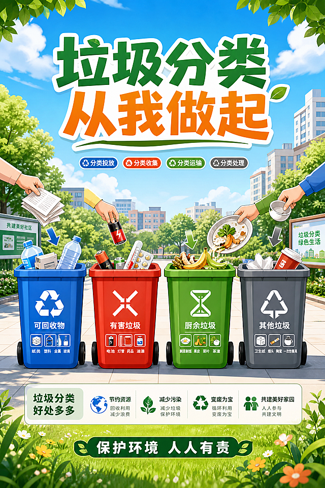 垃圾分类主题竖屏海报，画面中央展示四个颜色分明的分类垃圾桶，分别为蓝色可回收物、红色有害垃圾、绿色厨余垃圾、灰色其他垃圾，桶身有清晰的中文标识和图标。周围环绕着各类垃圾物品，如纸张、塑料瓶、电池、剩菜剩饭、玻璃罐等，正被正确投入对应垃圾桶中。背景是干净整洁的城市社区环境，有绿树和蓝天，整体风格清新明亮、积极向上，具有教育宣传意义。画面上方有醒目的大字标题"垃圾分类 从我做起"，下方有小字标语"保护环境 人人有责"。
