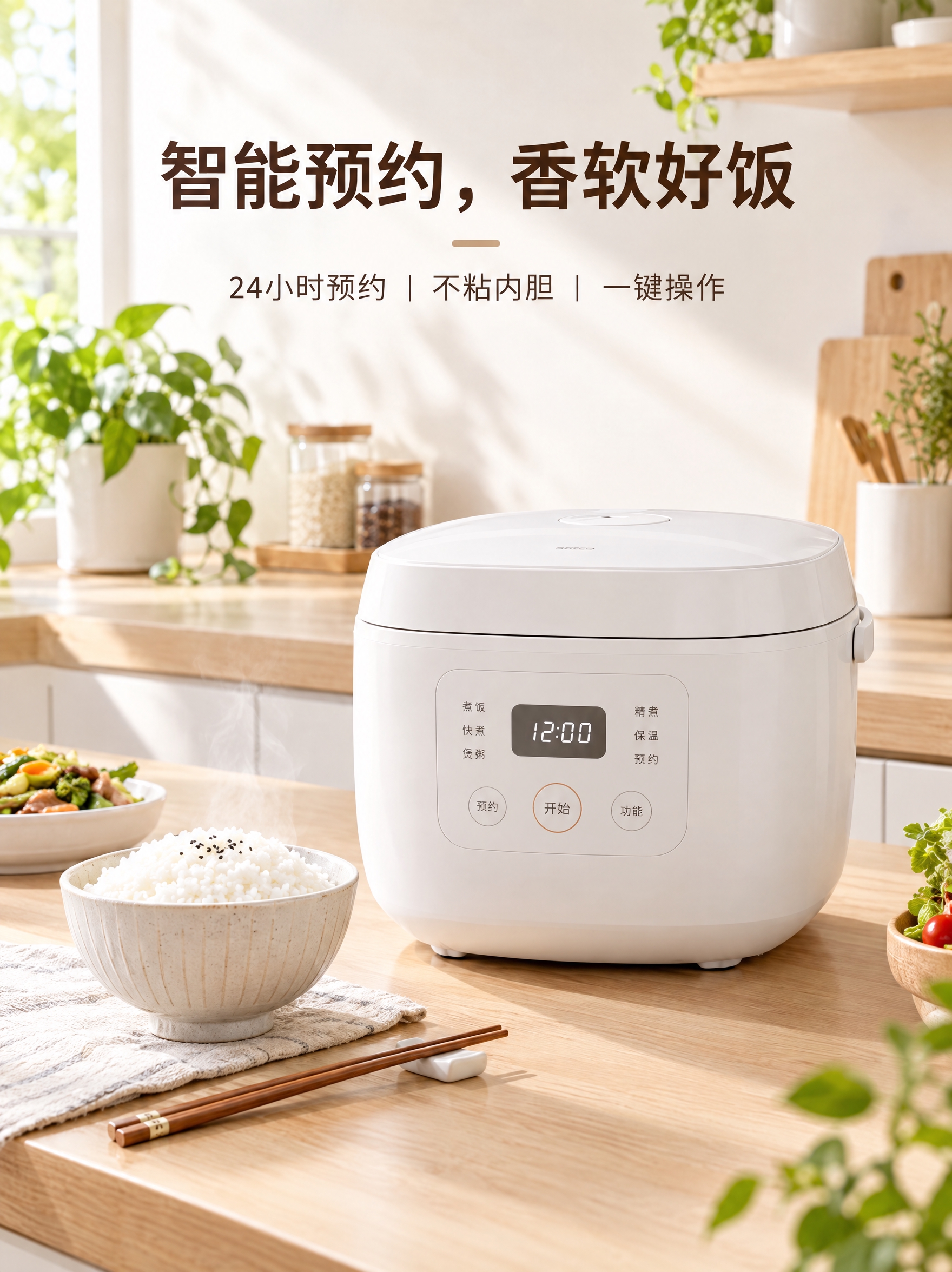 现代简约风格电饭煲电商海报，主色调为白色和浅木色，营造温馨家庭… - 图片创意预览