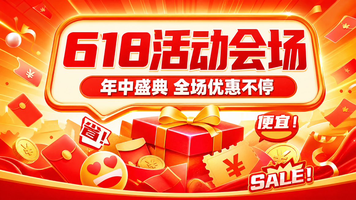 有气势营销感的618活动海报，参考图片风格，橘红渐变放射背景，红金配色，整体热闹喜庆。保持参考图版式骨架：顶部主标题区，中间红色副标题栏，底部礼品促销装饰区。主标题文字"618活动会场"，副标题文字"预览效果