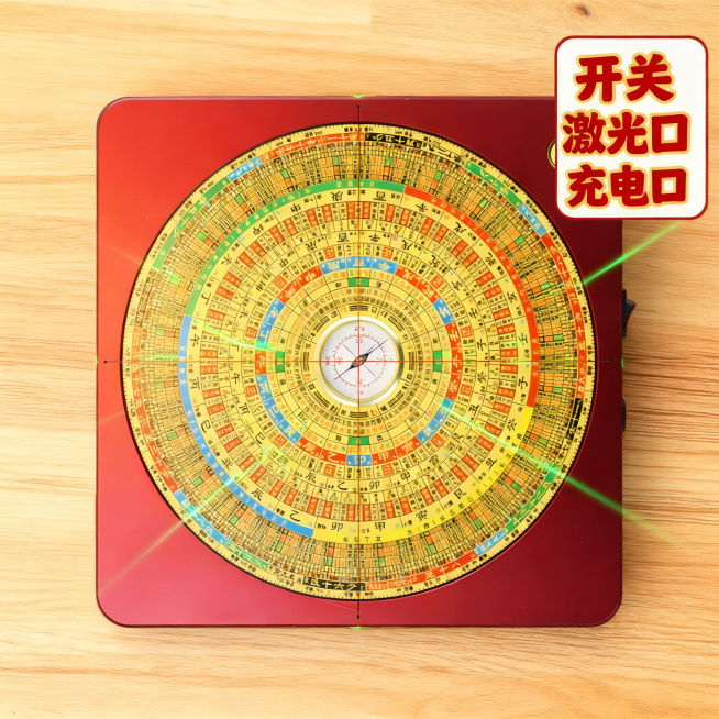 基于原图修改，八面激光罗盘商品首图，将所有卖点字体加大加粗变的更显眼醒目，字体颜色对比更强，保持整体构图和产品不变，卖点字体放大增强辨识度，舒适简约风格，八道绿色激光效果保留，背景为简约木质桌面，1:预览效果