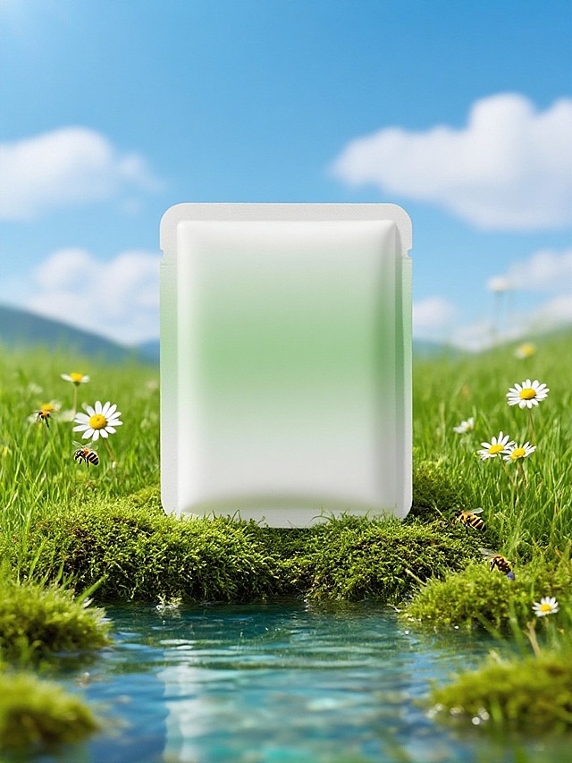 室外静物摄影。前景是清澈河面，主体放在长满苔藓的绿色草地上，两边少许洋甘菊和蜜蜂点缀，背景蓝天白云，远处可以看到模糊的山脉。营造出清新、自然的氛围。柔和自然的光影。