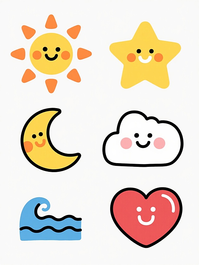一套6张的系列素材集合，保持简约现代风格，每张素材均为规整排布的单一元素图案，图案包含太阳、星星、月亮、云朵、海浪、爱心基本元素内容，整体造型简约现代，用纯色背景。太阳图案为黄色圆形，周围有12个橙色不规则形状的光芒，脸上有黑色弯月形眼睛和微笑嘴巴，脸颊有橙色圆形腮红，带有白色高光；星星图案为黄色五角星，带有白色高光和微笑表情；月亮图案为黄色弯月形，带有白色高光和微笑表情；云朵图案为白色云朵形状，带有微笑表情；海浪图案为蓝色波浪形状；爱心图案为红色心形，带有白色高光和微笑表情。所有图案均采用简约线条绘制，色彩鲜明，造型可爱，适合作为儿童相关设计素材使用。
