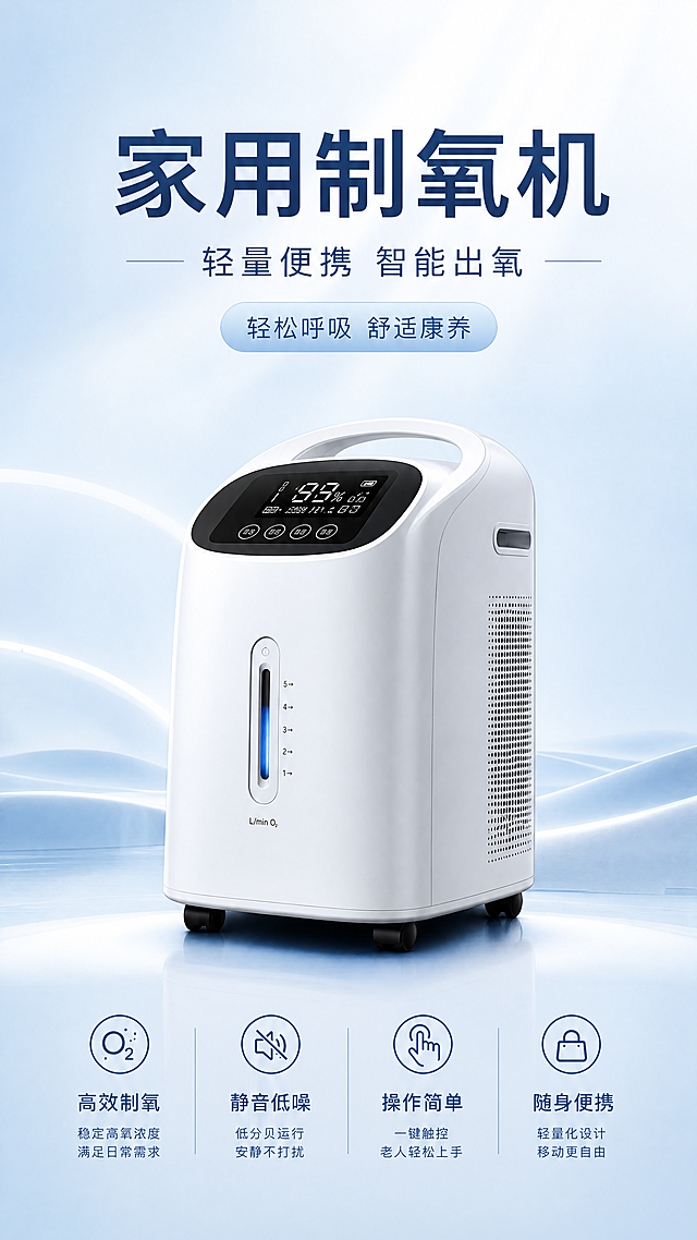 写实商业摄影风格，家用制氧机宣传海报，主标题"家用制氧机"，副标题"轻量便携 智能出氧"，装饰文案"轻松呼吸 舒适康养"，卖点标签依次为高效制氧、静音低噪、操作简单、随身便携。简约科技风格，背景为渐变浅蓝干净场景，45度斜视角，产品居中摆放，浅景深虚化，顶部柔光，画面简洁高级，版式精美，色调干净舒适，层次分明，不遮挡主体，四边留足安全边距