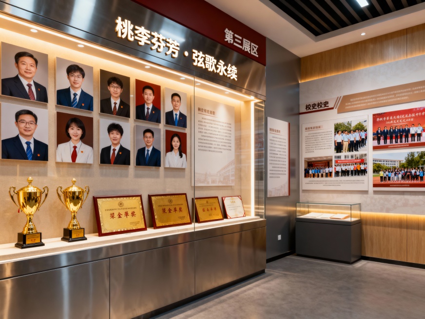 实验中学校史展厅
序厅：时光之门・精神序章​

前言、​互动节点

第一展区：拓荒岁月・弦歌不辍（19XX-19XX）​
板块主题 从初创到奠基，在艰辛中扎根生长​
​互动设计 触摸查询屏内置 “校史预览效果