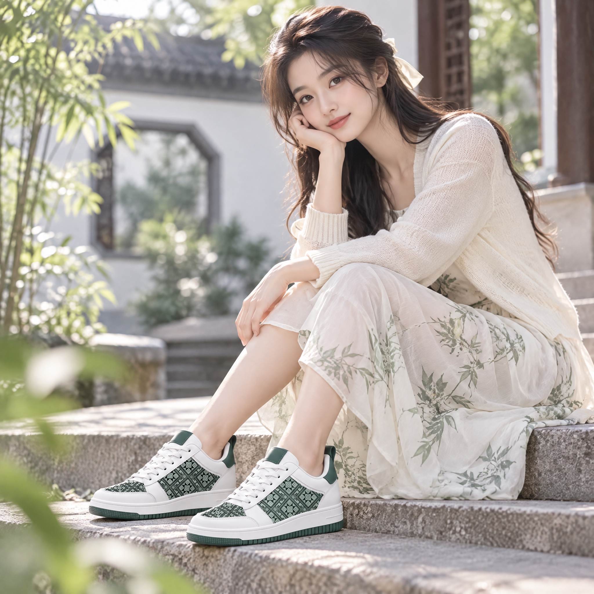 一位中国模特穿着这双鞋子，鞋子上的绿色几何纹样保持不变，唯美风… - 图片创意预览