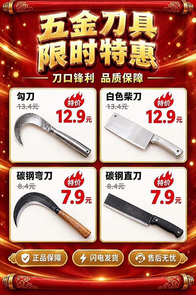 电商促销海报设计，竖版9:16比例。深红色渐变背景，带有金色装饰线条和暖白色光斑粒子效果，顶部和底部有红金卷轴式装饰边框。

顶部主标题：金色立体大字"五金刀具 限时特惠"，带有深色阴影和白色外发光效果。
主标题下方副标题：金色字体"刀口锋利 品质保障"。

中间区域是2行2列的商品展示卡片网格，共4款五金刀具产品，每款一个白色圆角矩形卡片，带金色细边框和柔和阴影，卡片之间留有间距互不重叠。每张卡片内从上到下依次是：商品名称（黑色粗体）、原价（灰色带删除线）、红色"特价"徽章、大号红色特价数字。

卡片1（左上）：产品名称"勾刀"，原价13.4元，特价12.9元，展示一把银色金属弯形勾刀的产品照片
卡片2（右上）：产品名称"白色柴刀"，原价13.4元，特价12.9元，展示一把银白色扁平直刃柴刀的产品照片
卡片3（左下）：产品名称"碳钢弯刀"，原价8.4元，特价7.9元，展示一把黑色碳钢弯形镰刀的产品照片
卡片4（右下）：产品名称"碳钢直刀"，原价8.4元，特价7.9元，展示一把黑色碳钢直刀的产品照片

底部有三个胶囊形服务标签，分别写着"正品保障"、"闪电发货"、"售后无忧"，白色文字配金色背景。

整体风格：传统商业促销感、豪华大气、暖色调照明。所有产品为真实五金工具摄影图风格。所有中文文字必须清晰准确。