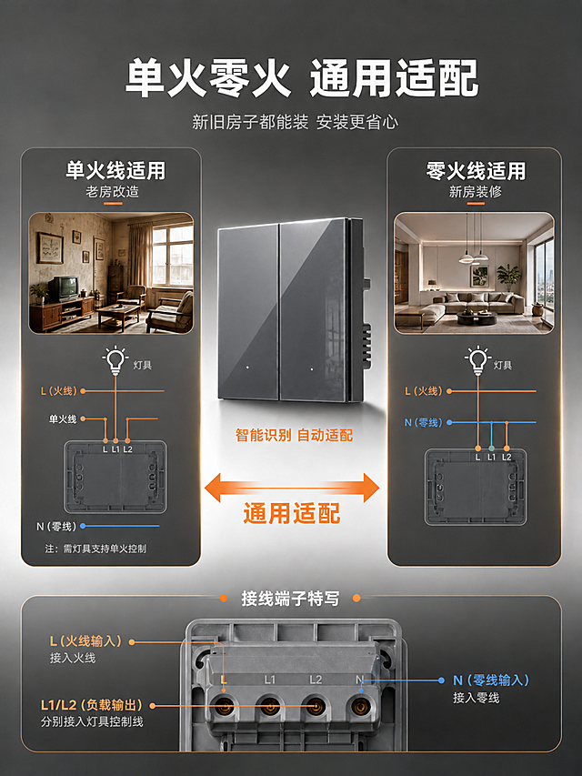严格修改产品材质，其他所有元素完全不变：
1. 中间的灰色双开开关面板表面增加玻璃质感，呈现光滑透亮的钢化玻璃面板效果，有细腻的高光反射和轻微的环境倒影，表面光滑如镜，不再是哑光磨砂质感。
2. 灰色开关面板：深灰色玻璃质感，细腻的玻璃光泽，表面有高级的高光反射。
3. 保留产品的按键结构、指示灯、侧面结构、颜色基调不变，只是表面材质从哑光改为玻璃质感。
4. 背景、文案、接线示意图、端子特写、场景小图、光影方向等其他所有元素完全保持不变。