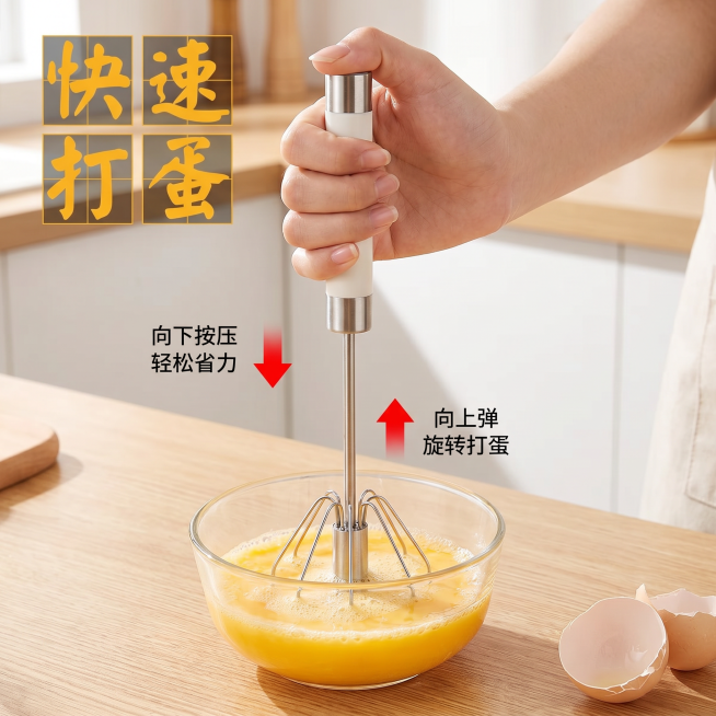 [主图 1] 半自动打蛋器实用首图，展示使用场景。
[氛围风格] 简单干净实用风格，抖音兴趣电商场景化展示
[画质] 商业摄影质感，光线柔和通透，产品清晰真实，画面干净高级
[元素] 半自动打蛋器放置预览效果