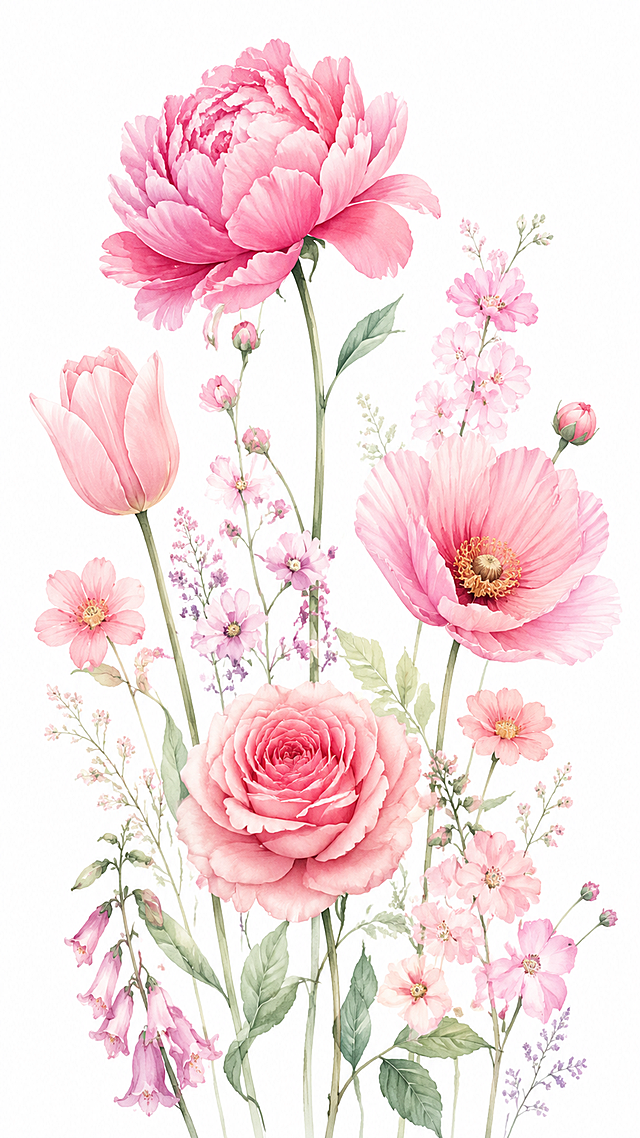 竖幅构图水彩插画风格花卉图，纯白色背景，多种粉红色系花朵向上生长，花类丰富有主次关系，花朵不密集留有呼吸感，花瓣清晰细致纹理分明，颜色清新协调柔和，简约美丽，花朵清晰完整不断裂，大画幅高清精致，水彩手绘质感，画面干净优雅