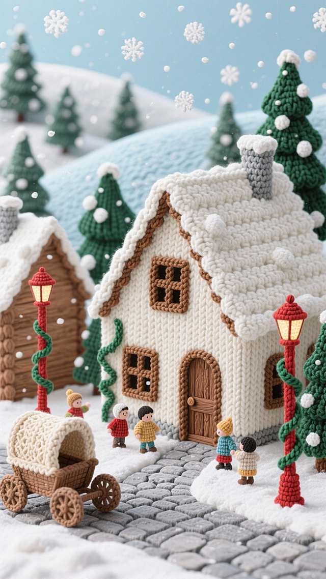 一座由米白色钩针编织而成的尖顶木屋错落分布，屋顶覆盖着蓬松的白色钩针积雪，木屋墙面点缀着棕色钩针编织的窗框与木门。屋前铺设着浅灰色钩针编织的石板小径，有几个小朋友在门口玩耍，小径两侧立着红色钩针编织的街灯，灯杆缠绕着绿色钩针藤蔓。远处是淡蓝色钩针编织的矮坡，坡上错落生长着深绿色钩针松树，松枝挂着白色钩针雪团。天空飘着细小的白色钩针雪花，街角停着一辆浅棕色钩针编织的复古马车，车轮与车篷边缘有米色钩针