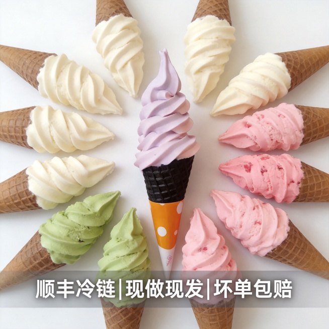 [主图 5] 多口味冰淇淋集合展示，促进下单转化
[氛围/风格] 干净整齐，丰富饱满，清爽食欲感
[画面元素] 保持香芋口味外观和原图一致，中心位置摆放香芋软冰淇淋，周围搭配其他常见口味（原味、抹茶、预览效果