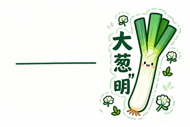 清新可爱风格插画，画面右侧是卡通大葱形象，标注较大的文字“大‘葱’明”，周围搭配小葱花、小叶片花边装饰，画面左侧留空白区域并画一条横线，无其他形象，清新绿白配色