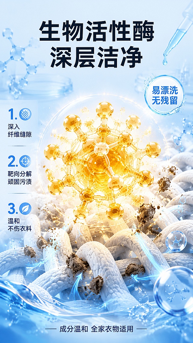 [第3屏] 详情页成分科技屏-生物活性酶深层洁净机理展示。本屏为成分机理专屏，不强制使用产品垫图，以成分为主视觉。
[氛围/风格] 科研实验室质感，洁净专业，分子级微距视觉，科技感与信任感兼具。
[元素布局] 画面主体为放大的生物活性酶分子结构3D模型，呈金黄色半透明球状，占画面中心约40%；酶分子周围环绕衣物纤维纹理，纤维上的污渍颗粒正在被分解、剥离，呈现动态分解效果；背景为淡蓝色实验室环境，有培养皿、滴管、分子链等科研元素虚化点缀；画面四周有气泡和水分子元素，体现洁净与漂洗感；底部可隐约看到洗衣液液体流动质感。
[光影质感] 中心酶分子自发光效果，四周冷蓝色柔光，分子表面有高光折射，整体干净透亮，科技感十足。
[配色色系] 全局底色 #E3F2FD 淡蓝渐变；主色科技蓝#2196F3、酶分子金黄#FFC107；辅助色白色、浅灰蓝。
[视角构图] 正面微距视角，中心构图，酶分子为绝对视觉焦点，纤维和污渍环绕四周，阅读动线从中心向四周扩散。
[文字版式] 顶部大标题「生物活性酶 深层洁净」，加粗黑体；左侧编号卖点：「1. 深入纤维缝隙」「2. 靶向分解顽固污渍」「3. 温和不伤衣料」；右侧配「易漂洗 无残留」圆形徽章；底部小字说明「成分温和 全家衣物适用」；文字不遮挡核心分子结构。
[比例分辨率] 9:16竖版比例，4K分辨率，文字清晰可辨，高清画质。
[负向提示词] 画面杂乱，文字过小，分子结构模糊，颜色偏差，水印，医疗化元素，虚假承诺表述。