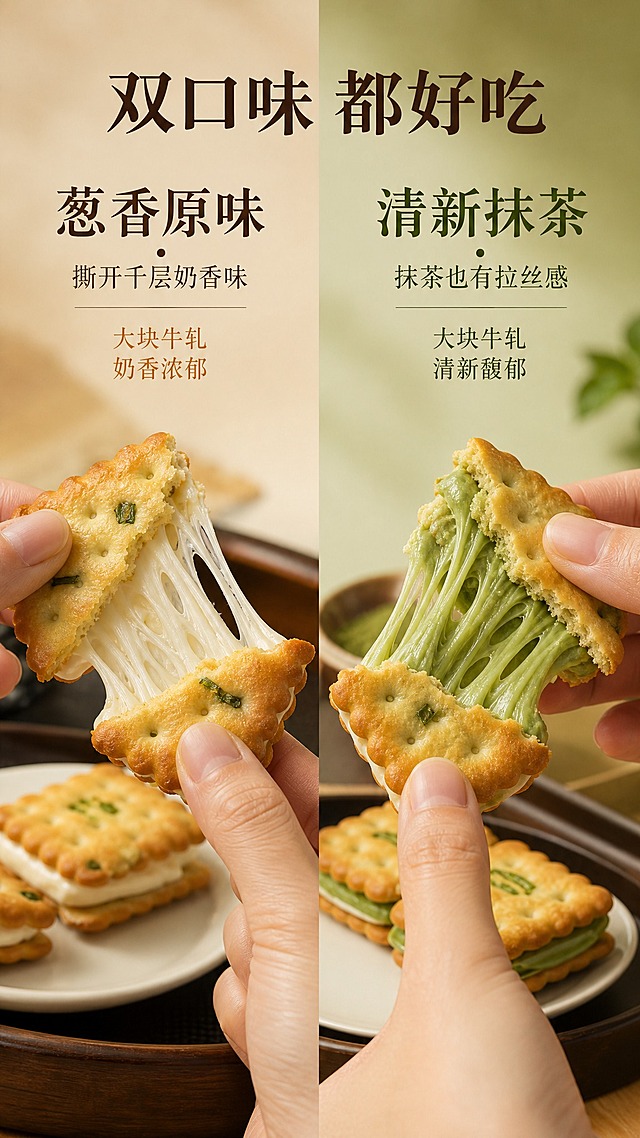 淘宝天猫电商详情页第三屏双口味介绍屏，9:16竖版，左右分栏布局，左边是葱香原味牛轧饼：手拿掰开的原味饼干，能看到拉丝的白色牛轧夹心，配文字"葱香原味 · 撕开千层奶香味""大块牛轧 奶香浓郁"；右边是清新抹茶味牛轧饼：掰开的抹茶味饼干，绿色抹茶牛轧夹心，配文字"清新抹茶 · 抹茶也有拉丝感""大块牛轧 清新馥郁"；顶部大标题"双口味 都好吃"，整体暖调美食摄影风格，干净高级