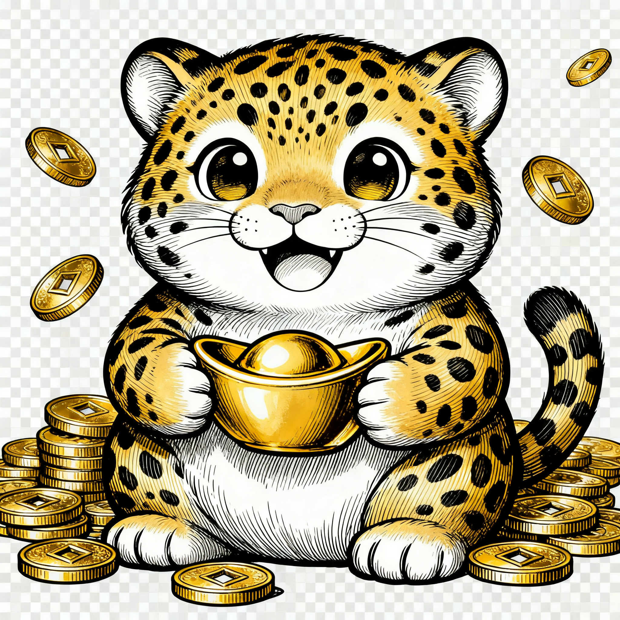 卡通可爱的豹子形象与元宝金币结合，豹子圆滚滚软萌可爱，大眼睛笑… - 图片创意预览