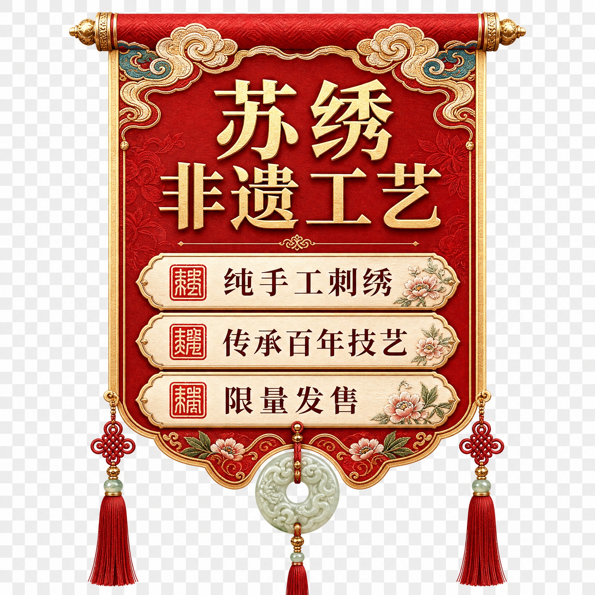 国潮新中式风格直播卖点标签贴片，方形构图，透明背景PNG质感。… - 图片创意预览