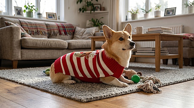 狗狗穿着这件红白条驯鹿图案毛衣在家中客厅玩耍休息，保留毛衣的主体特征和图案细节，画面超清，温馨自然的家居场景