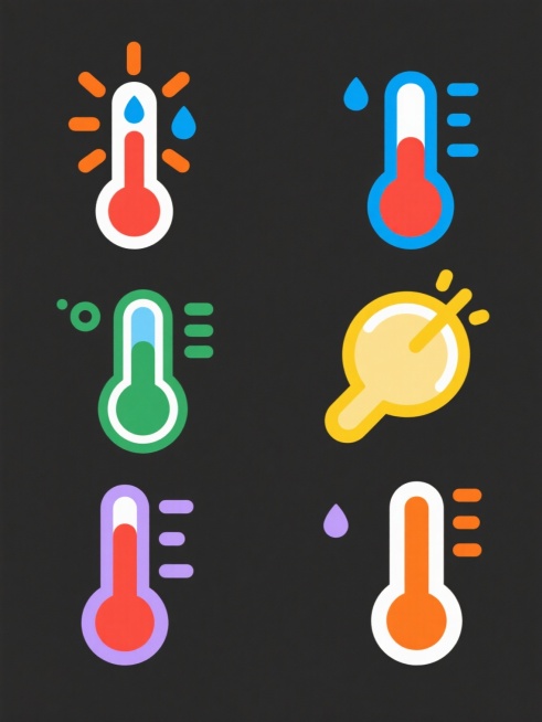 六个规整排布的温度计图标，保持扁平化卡通风格，每个温度计拥有不同颜色和样式，红色温度计带有橙色光芒和蓝色水滴装饰，其他温度计可采用蓝色、绿色、黄色、紫色、橙色等不同主色调并搭配相应装饰元素，所有温度计均具有简洁线条、圆润轮廓和鲜明色彩对比，纯色背景，无文字，无logo，无水印，整体构图整齐对称，视觉层次清晰。预览效果